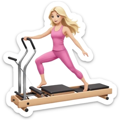 long haired blonde Pilates instructor teaching reformer in pink set  sticker