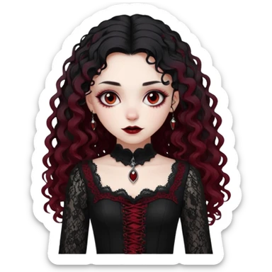 A girl with a dark red goth vampire look in a black goth lace dress with long sleeves longer black curly hair sticker