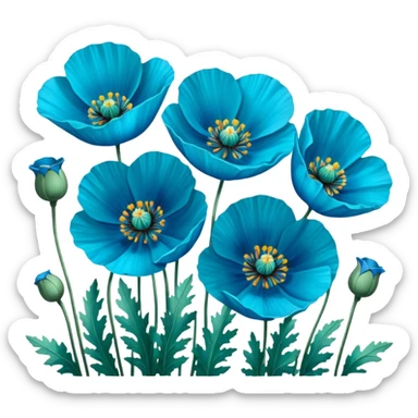 Hyperrealistic vivid, bold bright, ultra detailed, rendering field of all Himalayan blue turquoise Poppies, still life, mirco-detailed, 16k, 600 dpi sticker