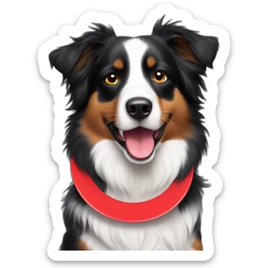 Black Tri Australian Shepherd with a red frisbee sticker