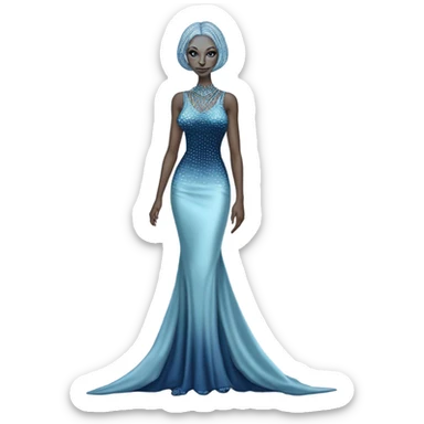 reptilian alien woman, in long slim pastel blue formal party satin dress with gradient shiny sparkling navy blue diamonds embroidered, full body full figure sticker