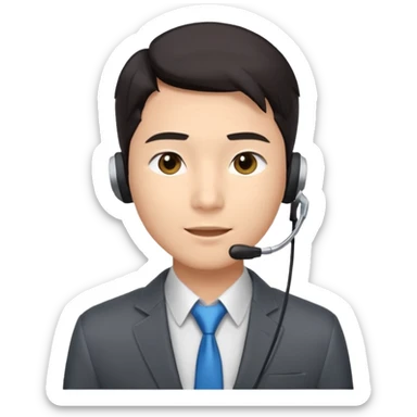 A young Asian man with smooth light skin, dark hair that swoops upward in the front, expressive eyes, a clean-shaven face, and a call-center style headset over one ear, usually paired with a crisp shirt and suit jacket visible from the chest up. sticker