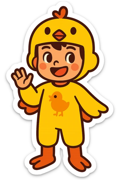 young person in chick costume with yellow chick hat, vibrant cartoon style sticker