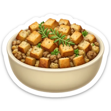 a bowl of stuffing with visible herbs, simple, clear sticker