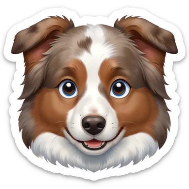cute close-up of Australian Shepherd dog face, adorable expression, detailed heterochromatic eyes (one blue one brown), fluffy fur with merle pattern, expressive ears, sweet smile sticker