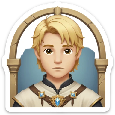 Medieval summer outfit worn by a DnD themed fantasy male character. Character has golden blonde hair cut in an even, symmetrical style that falls precisely to the jawline, with a perfectly centered part and identical lengths on both sides. sticker