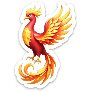 Cinematic Noble Mystical Fire Phoenix Portrait Emoji, Poised and resplendent, with a radiant, fiery plumage in brilliant hues of scarlet, gold, and ember, featuring elongated, elegant tail feathers that flow like molten lava, and piercing, wise eyes reflecting the eternal cycle of rebirth; rendered with lifelike texture and luminous natural highlights, high shine, majestic and awe-inspiring, styled with an aura of mythic resurgence, focused and regal, soft glowing outline, capturing the essence of a legendary phoenix rising from the flames with timeless grace! sticker