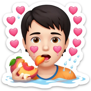 Cute boy, grown out dark hair, eating a peach, pink hearts floating , water dripping from mouth sticker