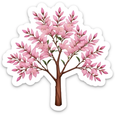 Cinematic Realistic Melaleuca Emoji, Elegant and resilient, with peeling, papery bark and delicate, needle-like leaves. The tree stands tall and graceful, with clusters of white and pink flowers dotting the branches. Soft glowing outline, capturing the essence of natural elegance and resilience in a beautiful melaleuca tree! sticker