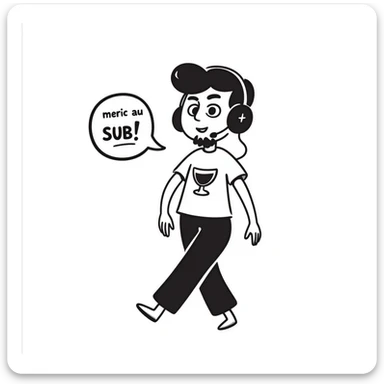 A smiling person with black hair, brown eyes, and a black beard wearing a gaming headset saying "merci au SUB" sticker