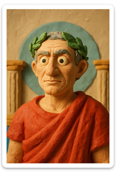 Julius Caesar, red robe, laurel wreath, 3D claymation style sticker