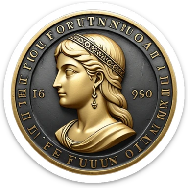 Emoji style, ancient coin made of blackened metal, “FORTUNA” engraved in refined fashion typography, heavy form, subtle worn metal texture, avant-garde editorial aesthetic, no glow, no neon, flat emoji design, centered, transparent background sticker