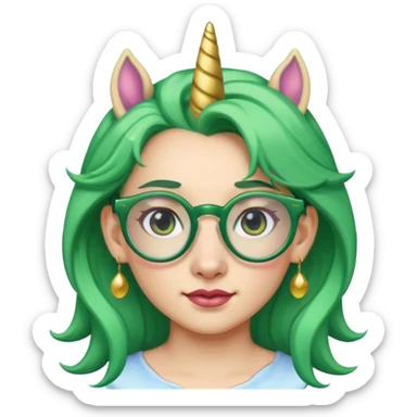 unicorn with green hair and big earrings looking into camera and spectacle sticker