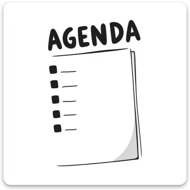 A notebook with 'AGENDA' written on top and meeting items listed below sticker
