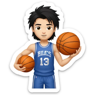 generate a pretty fair bratz boy with a long messy mullet (black hair), carrying a basketball in one hand. Smirking .  Lean but biceps sticker