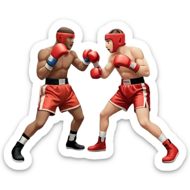 An icon showing two professional boxers in the middle of an intense fight in the ring. They are wearing gloves and protective gear, with one boxer throwing a punch while the other dodges. The background features bright lights, a cheering crowd, and the ropes of the boxing ring. sticker