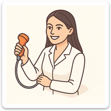 A female doctor with dark long straight hair and detailed brown eyes (not just dots), wearing a white medical coat, holding a medical instrument, in 2D isometric style with a minimalist background, with a wide smile expression. sticker