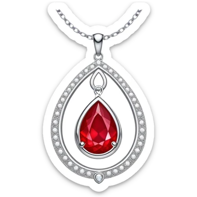 enchanted ruby talisman, teardrop shape, glowing with life force, encircled by white stones on a floating silver chain sticker