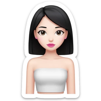 pretty girl, black straight hair to waist, pink lipstick, gentle aura, white tube top sticker