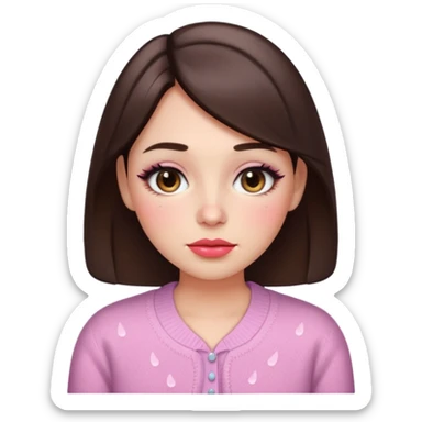 “Emoji brunette girl, dewy skin, heavy blush across cheeks and nose bridge, glossy cherry lips, soft eyeliner, teary sparkling eyes, pastel cardigan.” sticker