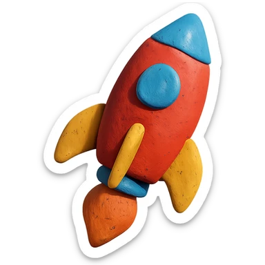 rocket ship, vibrant colors, floating, claymation style, visible fingerprints, soft lighting sticker