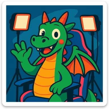 friendly dragon waving at the camera, with a gaming chair and streaming lights, embodying a popular YouTuber vibe, vibrant toon style sticker