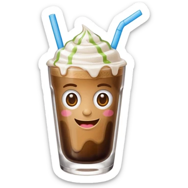 greek freddo espresso in glass with straw, ice cubes, thick foam, playful expression, emoji style sticker