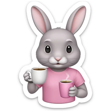 Gray rabbit, wearing pink t-shirt, holding coffee mug sticker