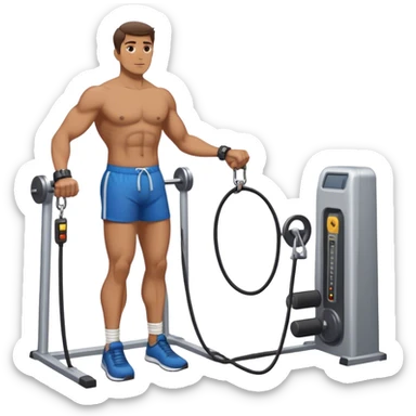 guy standing next to cable-machine with cable tied to ankle-cuffs for leg-side-raise exercise sticker