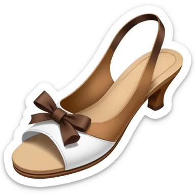 white steeleto slingback sandle with thin brown ribbon on brown shoe toe sticker