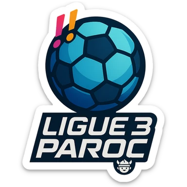 Le logo présente un ballon de football moderne, stylisé en forme de globe digital . Deux points d’exclamation "!!" dynamiques, en biais et colorés, sont placés en haut à gauche du ballon comme un emblème, évoquant l’intensité et l’enthousiasme de la ligue.

En dessous, le nom "Ligue 3 Paroc" est écrit en lettres audacieuses, avec une typographie sportive mais légèrement futuriste. Le mot "Paroc" est accompagné de son emblème discret (viking enfant) sticker