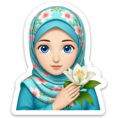 Turkish beautiful finish Konya girl blue eyes with lilies floral hijab islamic dress and had on her hand text Eid Mubarak  sticker