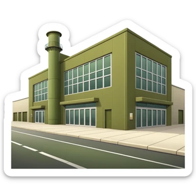modern industrial factory building, military olive green color, large windows, industrial doors, no smoke, visually appealing, no weapons, no vehicles, not a house sticker