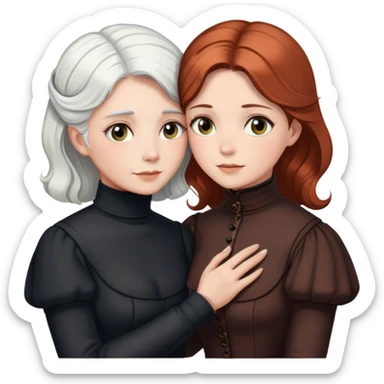 Two Victorian women with light eyes, one with white hair and one with dark copper hair, wearing Victorian turtleneck dresses, hugging each other closely sticker