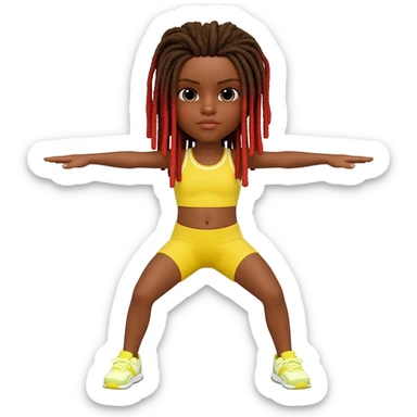 African American girl with shoulder length dreadlocks brown with red tips,  In yellow working out clothes in various work out poses sticker