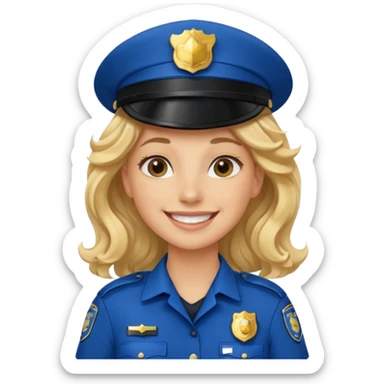 Female POLICE IN blue, long blonde curly hair, happy smile sticker