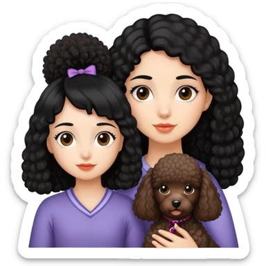 A girl with black hair and fair skin, and a miniature brown Poodle. sticker