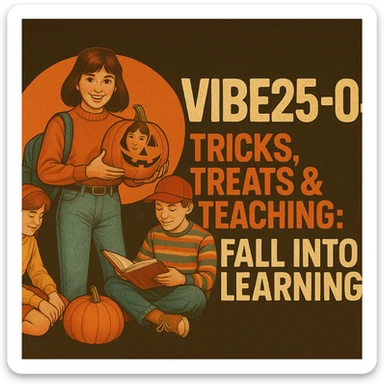 Create a logo that encompasses a retro 80's feel, nostalgic, ALSO RETRO.  Add the words "VIBE25-04: Tricks, Treats & Teaching: Fall Into Learning" sticker