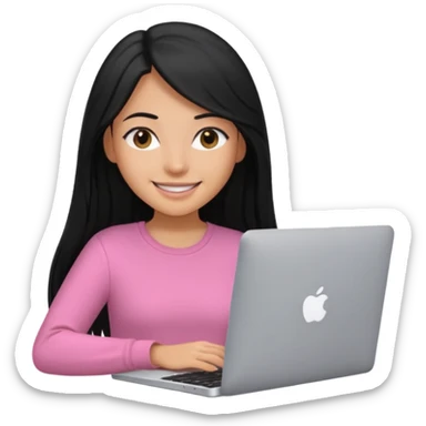 girl with black long hair working in a macbook, pink shirt, smily sticker