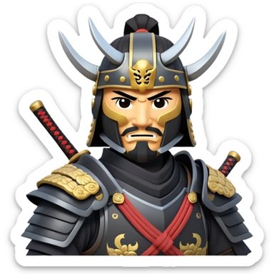 clash-of-clans-aesthetic_-cinematic-fearsome-and-majestic-samurai-bust-portrait-emoji, rendered in a flat, vector-style with minimal shading and bold, simplified shapes typical of emoji art, depicting a battle-hardened samurai with black mask and traditional black Japanese armor. The samurai is riding a noble grey warhorse adorned with an intricately designed saddle and fluttering banners and a rising sun. a samurai riding on a  horse zoomed in sticker