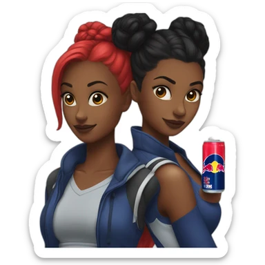 A black girl and black hair in a bun drinking Red Bull sticker