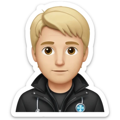 Dirty blonde male doctor wearing a black ski jacket without fur sticker