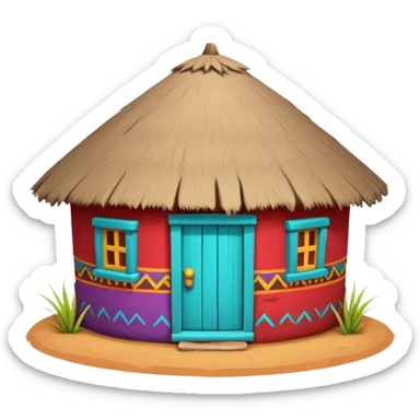 African mud hut tribal house, round adobe clay hut, thatched roof, bright colorful paint, walls in turquoise, red, yellow, purple, tribal patterns, cute mobile game icon, 3D cartoon, soft shadows, clean background, no text, no watermark sticker