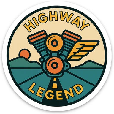 circular motorcycle cap design with the English phrase 'Highway Legend', featuring motorcycle motifs like motor, road, wing, legendary style sticker
