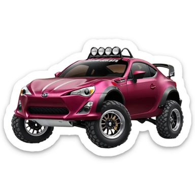 Extended wheelbase 2013 scion fr-s black cherry off road 4wd monster Baja dessert stadium racer number 86 with long travel suspension, shiny silver wheels, exaggerated black fender flares  sticker