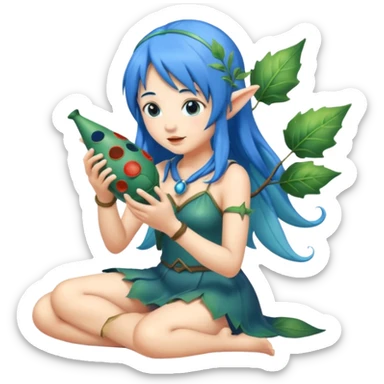 forest fairy woman with blue hair playing leaf-shaped ocarina sticker