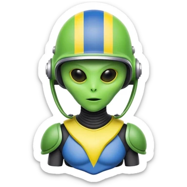 Green alien in helmet with Ukraine flag sticker
