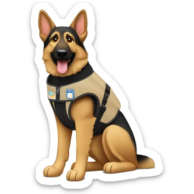 German shepherd service dog wearing a tan guide dog vest sticker