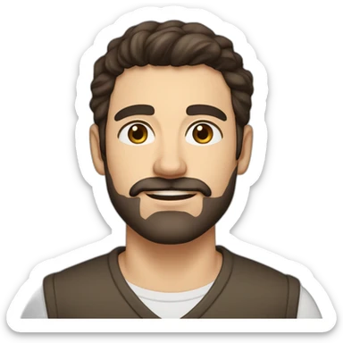 A young Caucasian man with dark brown eyes, almond-shaped eyes, short dark brown hair, and a small dark brown beard with a more prominent mustache. sticker