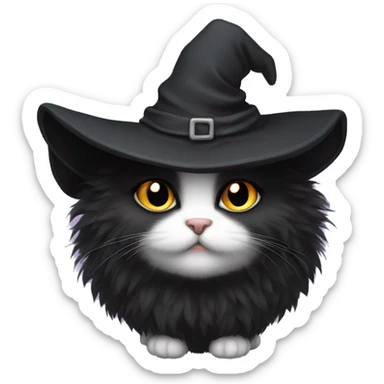 Black fluffy cute kitten with witch hat  sticker